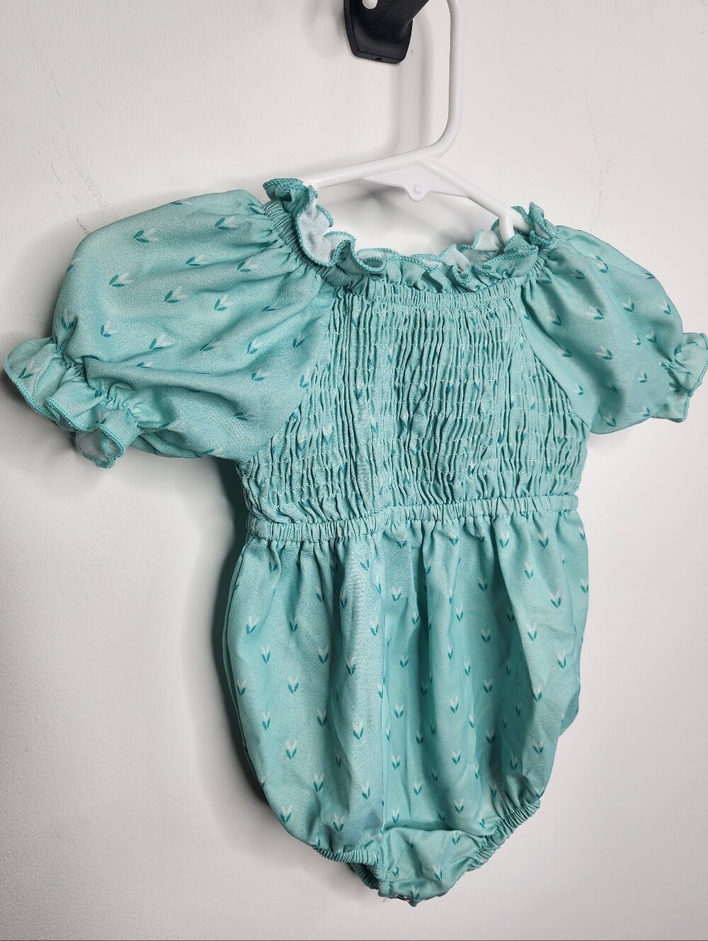 Smocked Puff Sleeve Baby Romper in Mint Green, Size 9-12m